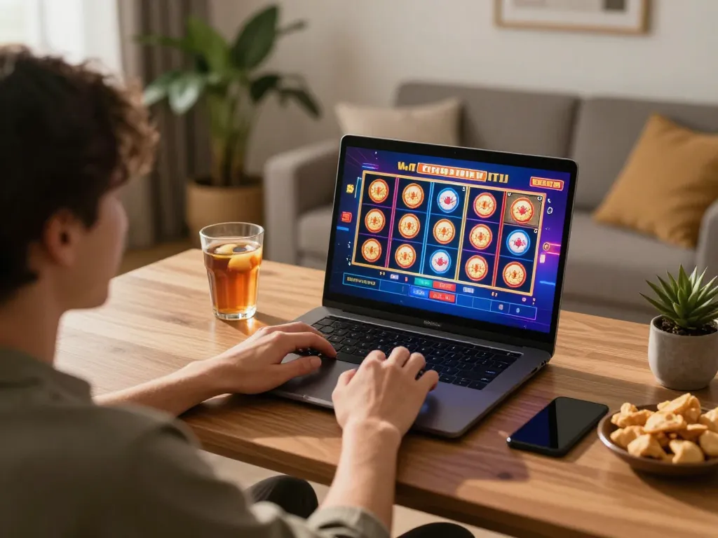 Engaging in online gameplay with sun win, showcasing colorful slot graphics and a cozy gaming setup