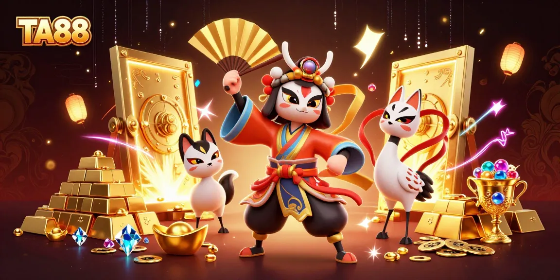 Experience the excitement of TA88 as kabuki warriors unlock treasures in this vibrant casino illustration.