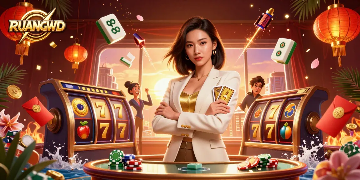 Experience the thrill of RUANGWD featuring a powerful businesswoman in a dynamic casino scene with vibrant gambling elements.