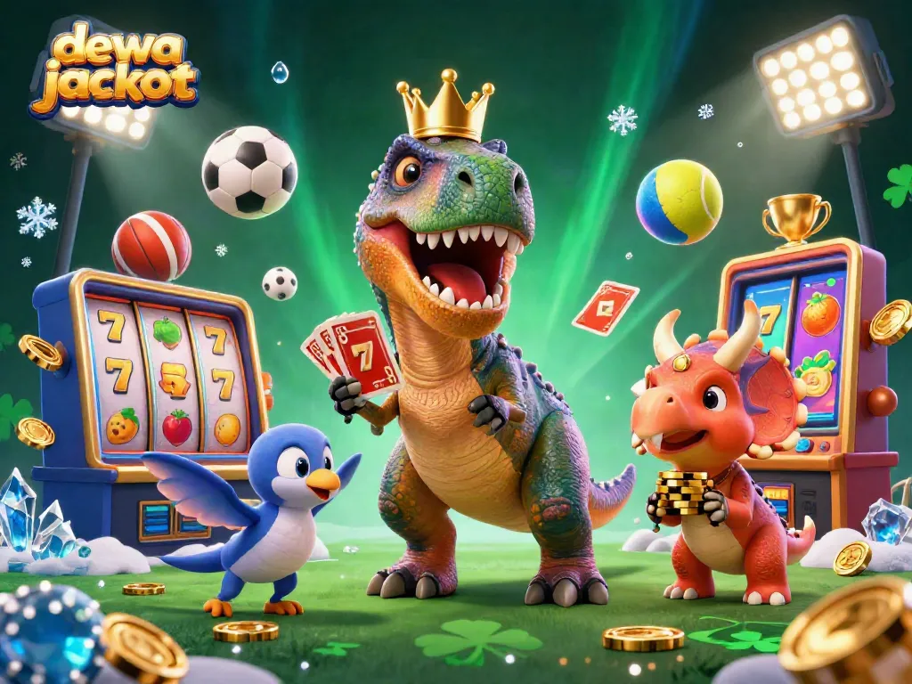 Gambarkan dewa jackpot dalam ilustrasi 3D yang kaya secara visual dengan karakter kartun dan elemen permainan.