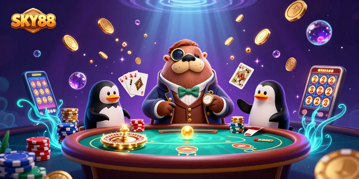 Win big at SKY88 with an underwater poker showdown featuring a walrus, penguin dealer, and pufferfish player.