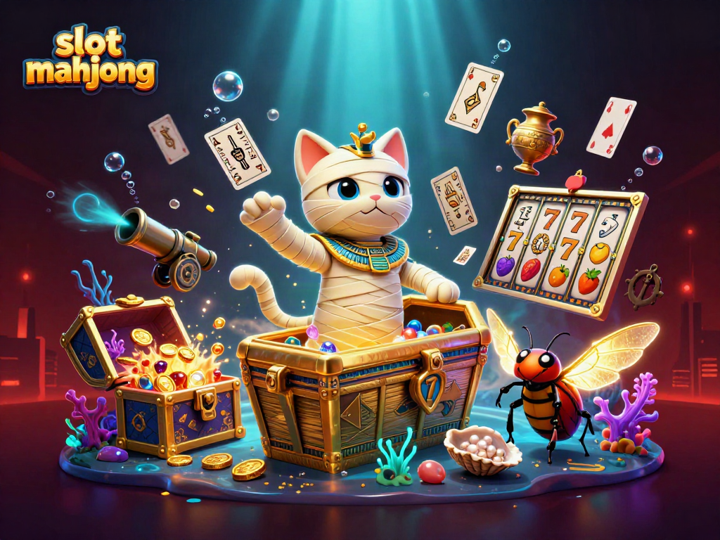 Spin and win with slot mahjong as the mummy cat bursts from the sarcophagus in this vibrant casino scene.