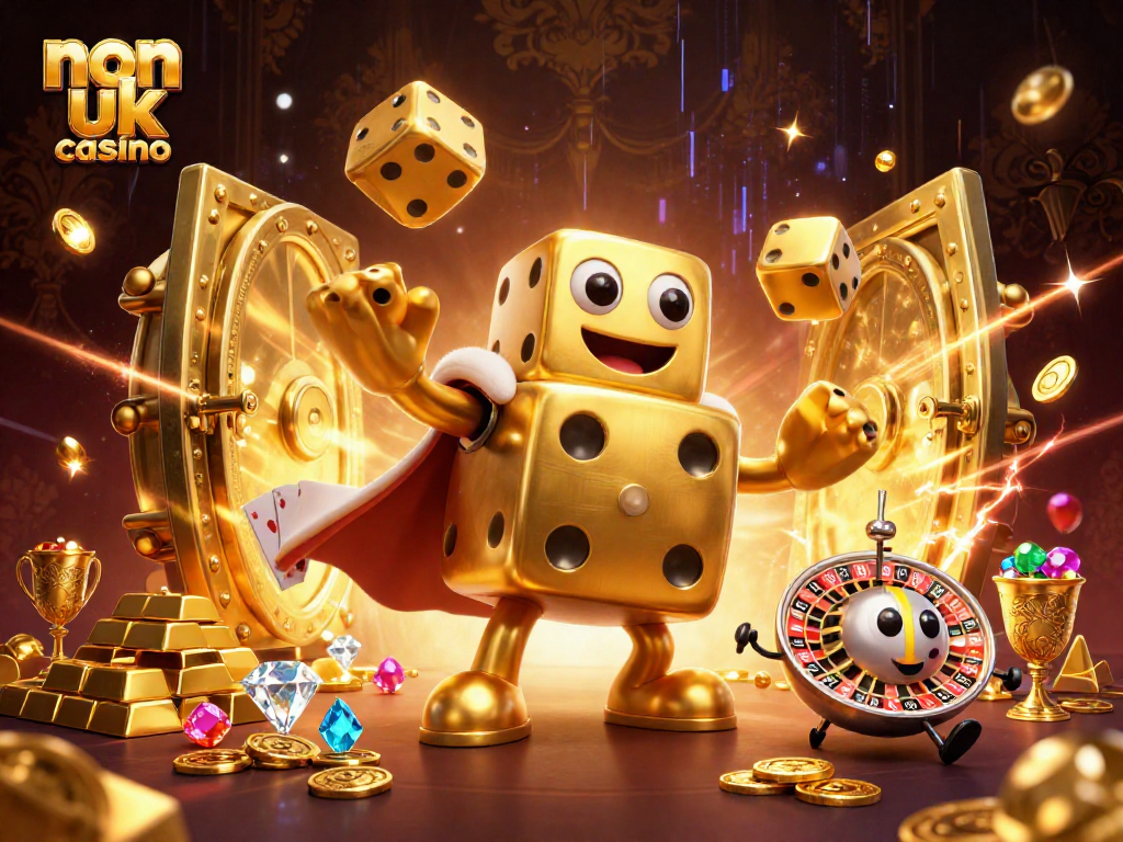 Experience the thrill of non uk casino excitement with golden dice characters, jewels, and vibrant energy.