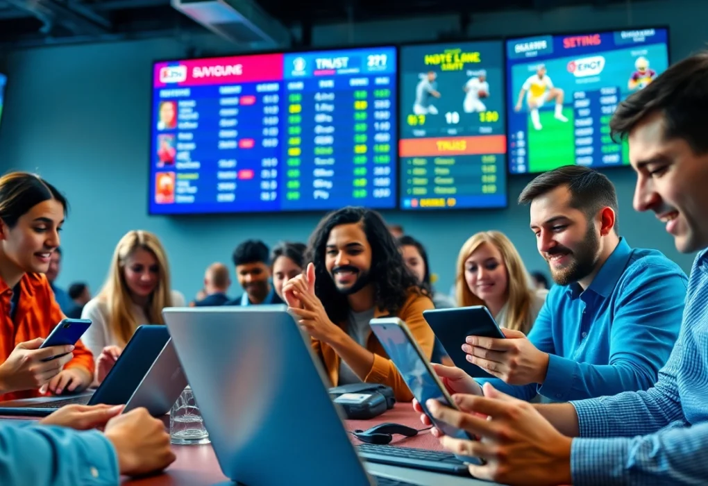 Engaged users enjoying online Betting on sports, with thrilling live odds displayed around them.