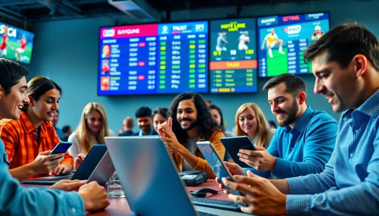 Engaged users enjoying online Betting on sports, with thrilling live odds displayed around them.