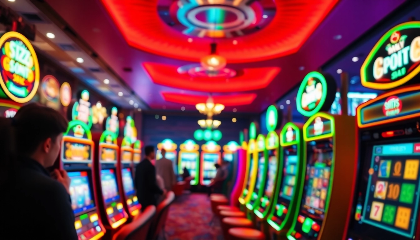 Slot Game yang menarik dengan mesin colorfull dalam suasana kasino yang meriah.