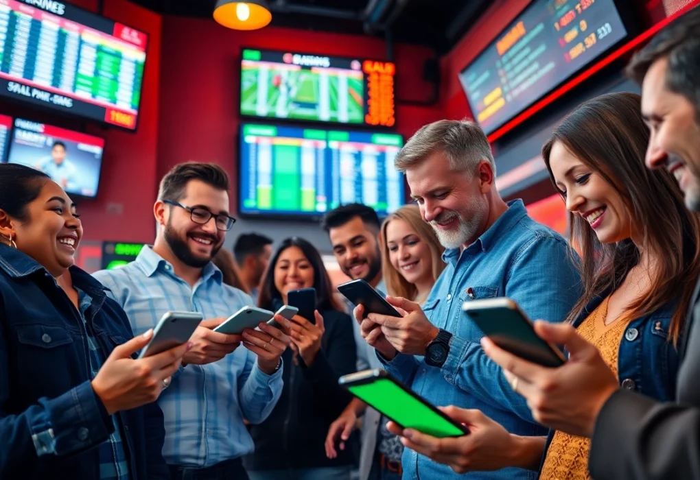 Dynamic sports betting action showcasing engaged bettors analyzing odds and stats.