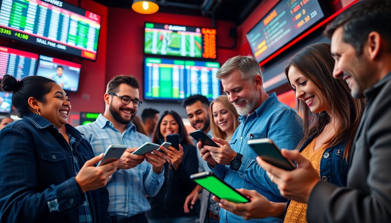 Dynamic sports betting action showcasing engaged bettors analyzing odds and stats.