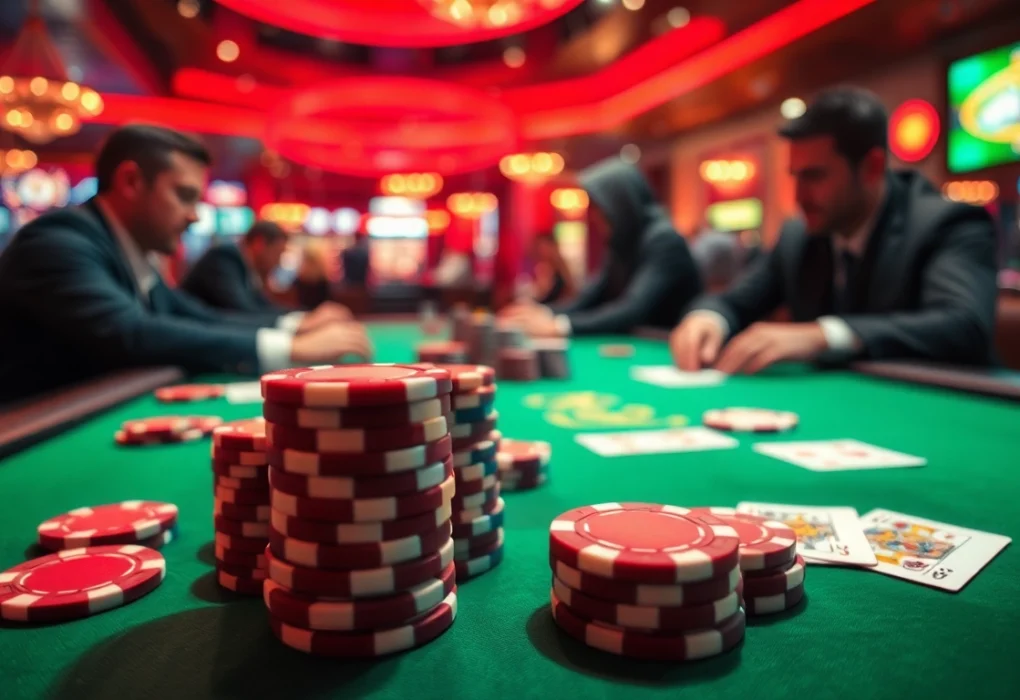 Engaging poker game scene showcasing intense players and vibrant casino backdrop.