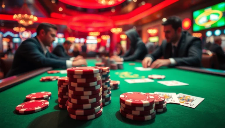 Engaging poker game scene showcasing intense players and vibrant casino backdrop.