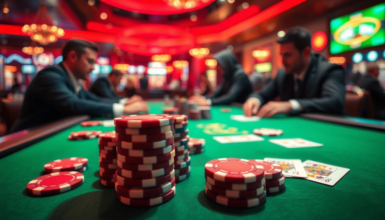 Engaging poker game scene showcasing intense players and vibrant casino backdrop.