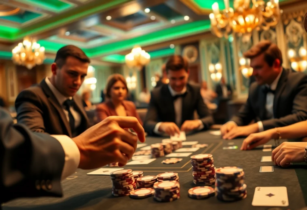 Engaged players strategizing at a Blackjack Casino table, showcasing excitement and professionalism.