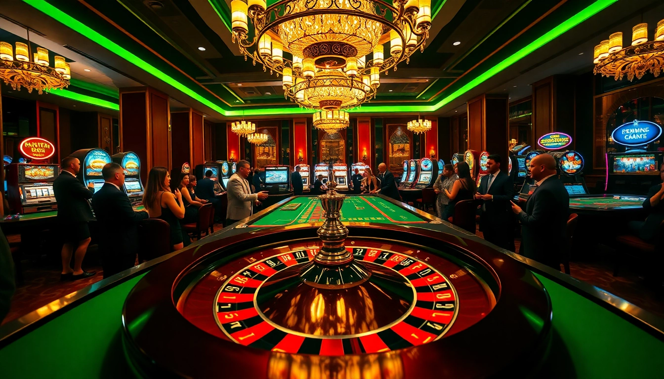 Excited players enjoying a casino roulette game with vibrant decorations.