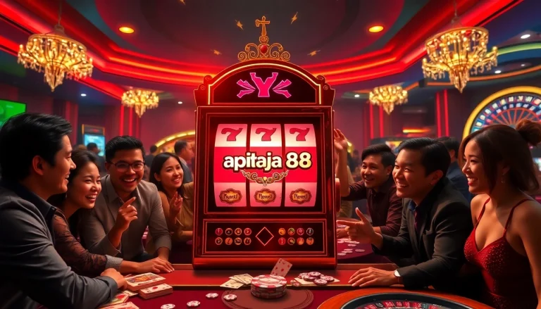 A group of excited players winning at slot online apiraja88 in a luxurious casino setting.