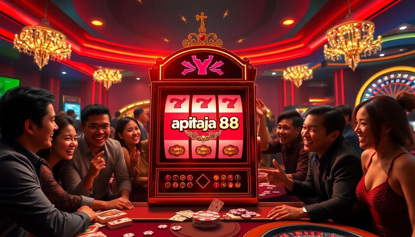A group of excited players winning at slot online apiraja88 in a luxurious casino setting.