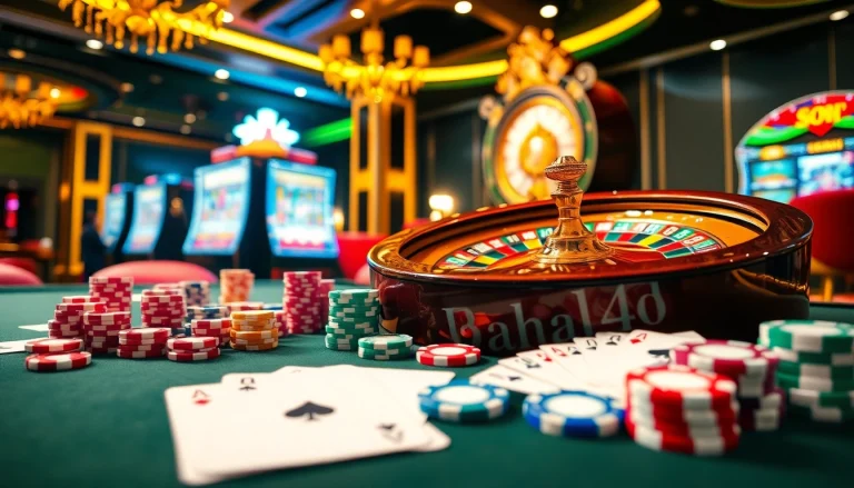Pahala4d casino scene capturing a roulette wheel, poker chips, and vibrant slot machines.