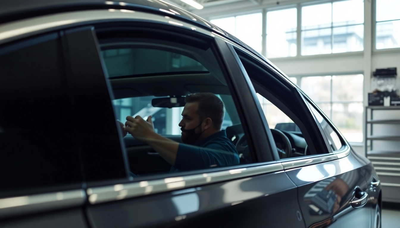 Apply auto window tint near me in a bright professional workshop for enhanced vehicle aesthetics.