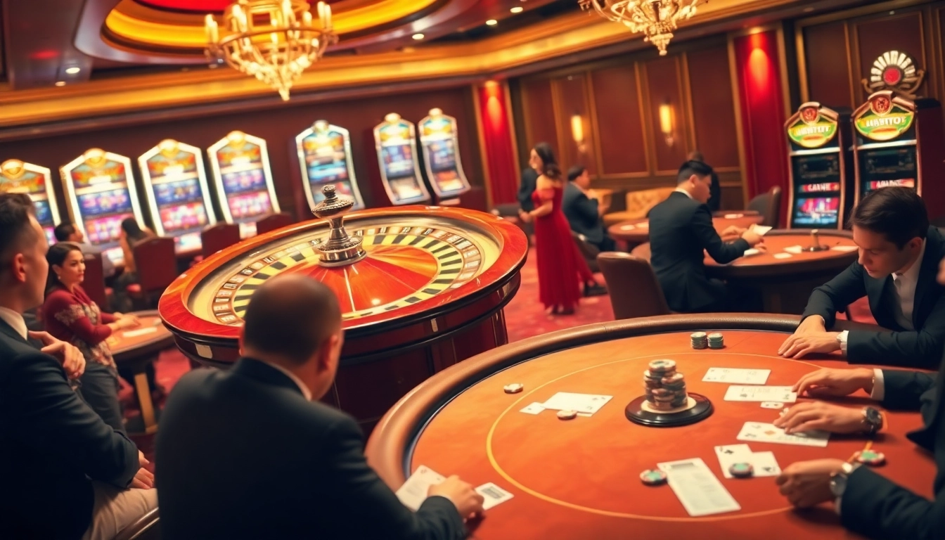 Experience thrilling gaming at https://688v.games/, featuring vibrant poker tables and a spinning roulette wheel.