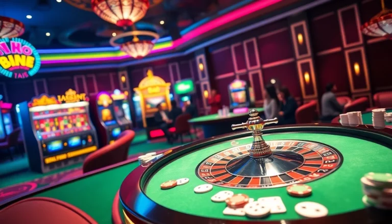 Experience the thrill of Bro138 with vibrant casino games, slot machines, and a roulette wheel.