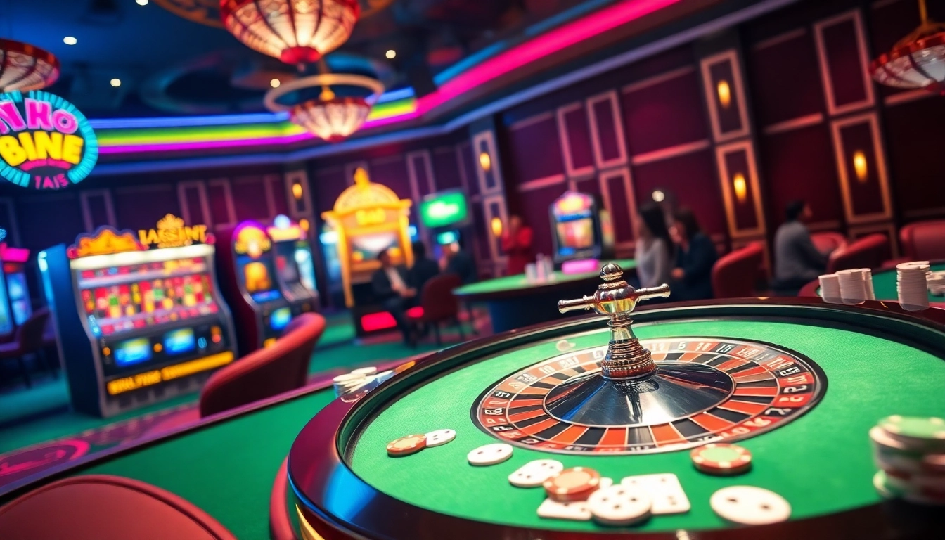 Experience the thrill of Bro138 with vibrant casino games, slot machines, and a roulette wheel.