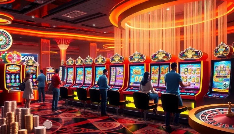 Engaging scene of players at slot online apiraja88, showcasing excitement while playing vibrant slot machines.