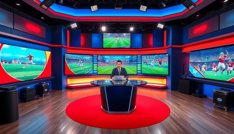 Engaging sports broadcasting scene showcasing an anchor in a modern studio.