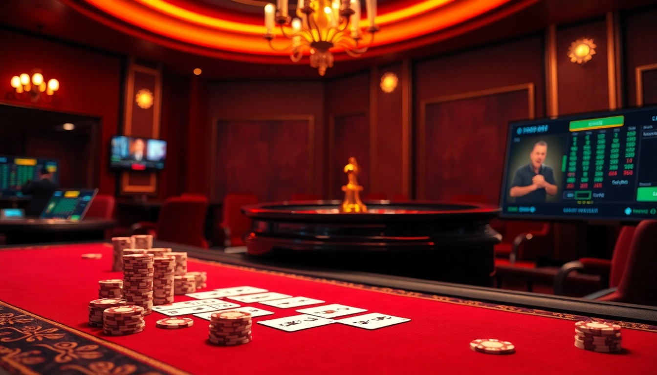 Engage with thrilling games at Trang chủ Luck8, featuring vibrant casino tables and poker chips.