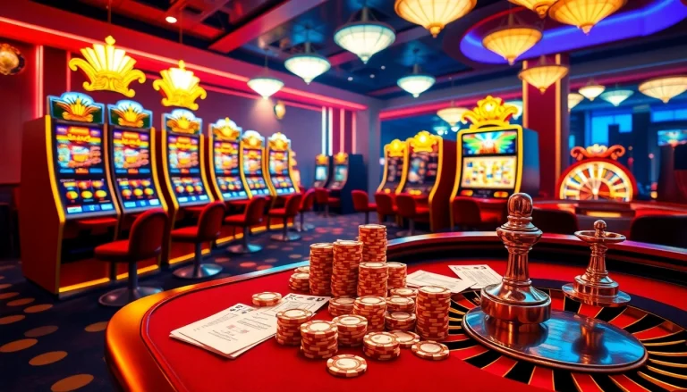 Engaging scene of players enjoying slot online apiraja88 at an illuminated casino with vibrant slot machines.