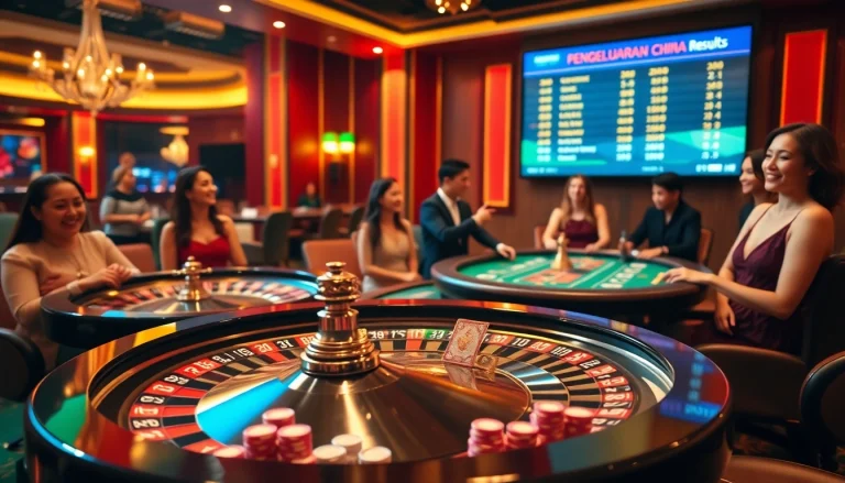 Players celebrating wins while tracking pengeluaran china results in a luxurious casino setting.