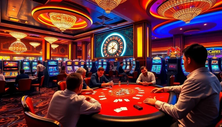Engaging poker scene in a luxurious casino, highlighting action at https://x88ni.com/ with chips and cards.