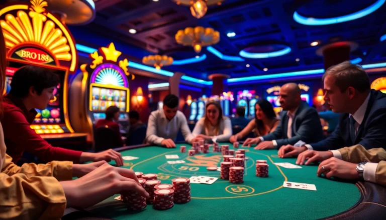 Exciting gaming atmosphere at bro138, featuring players at a luxurious poker table and a vibrant slot machine.