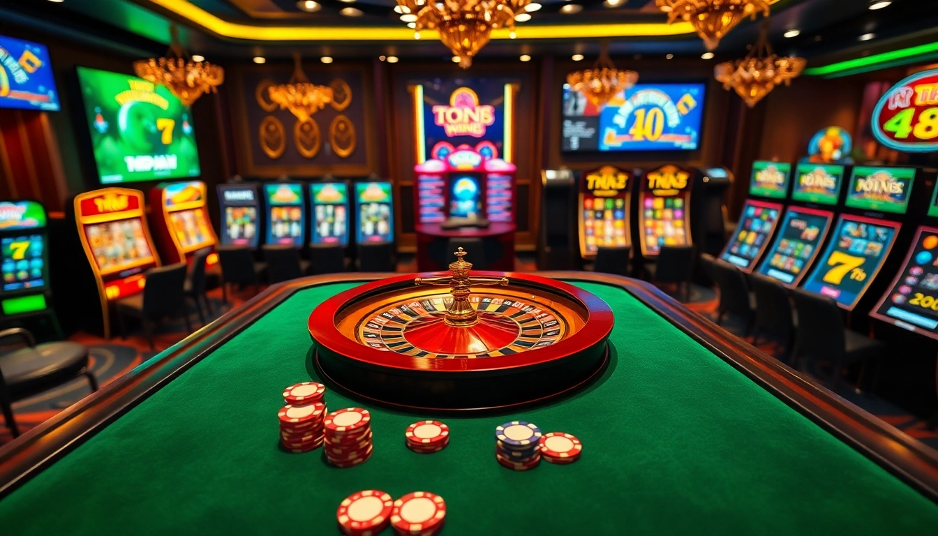 Engaging scene of nhà cái TR88 showcasing vibrant online gambling activities with casino tables and slot machines.