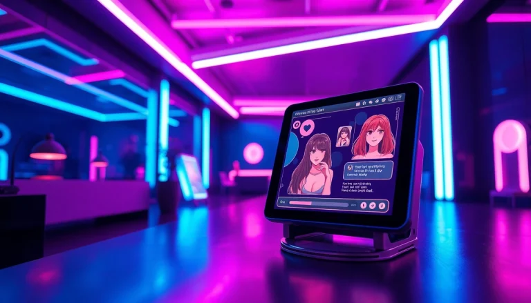 Engaging scene depicting porn ai chat interaction with vibrant neon colors.