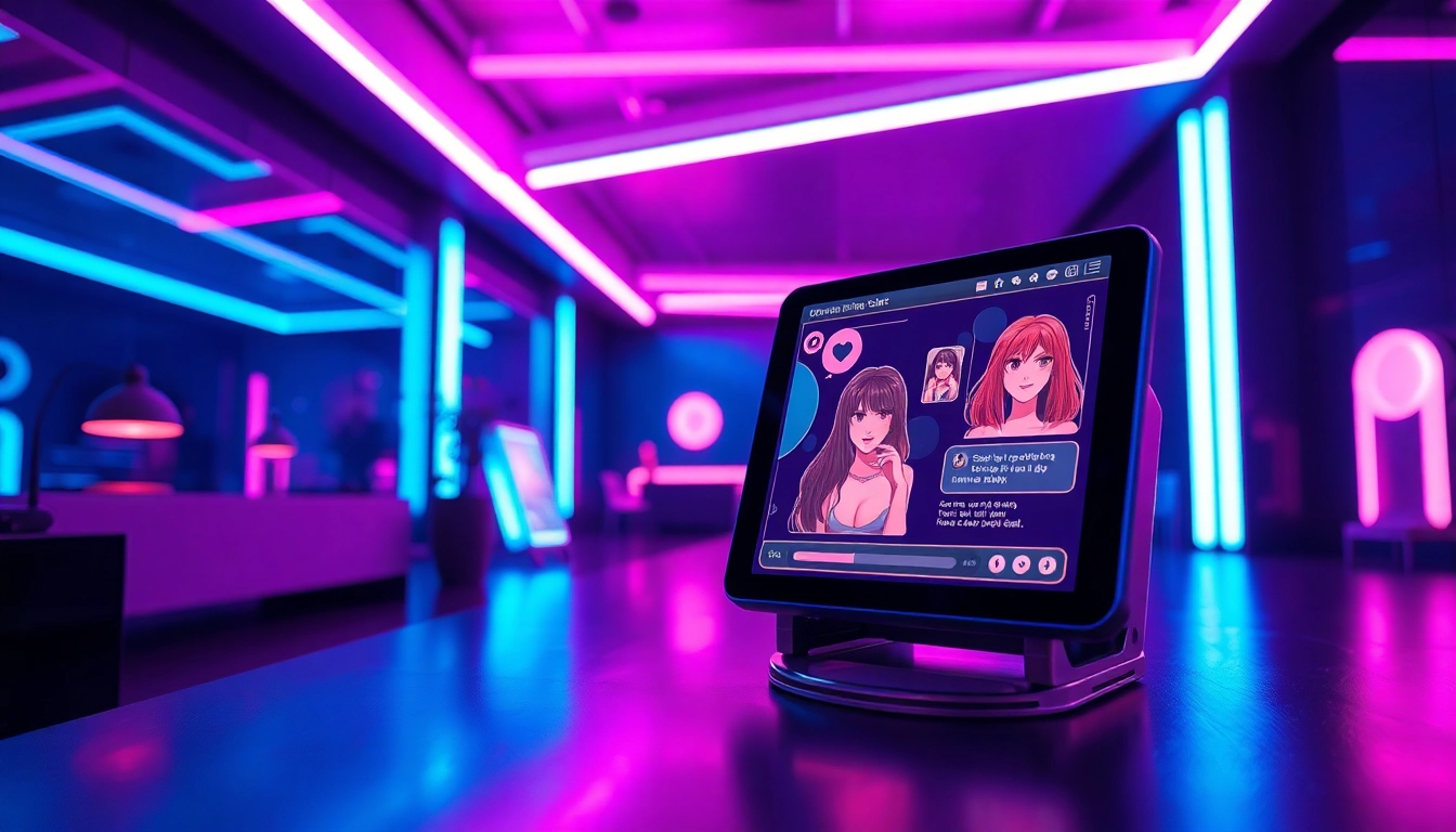 Engaging scene depicting porn ai chat interaction with vibrant neon colors.