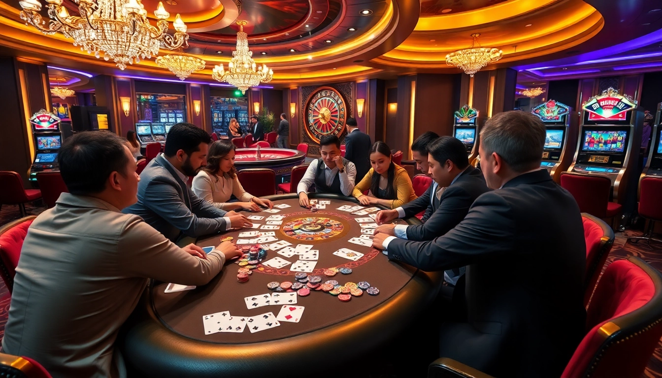 Experience the excitement of gambling at mu88 com with a luxurious casino scene featuring poker and roulette.