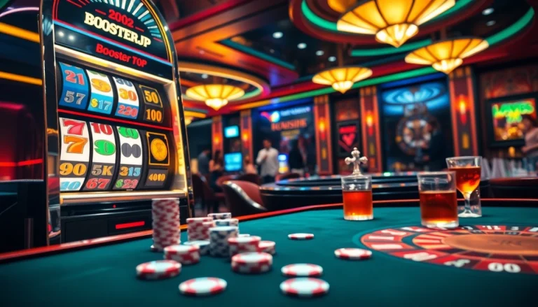 Experience thrilling gameplay at BoosterJP with colorful slot machines and poker chips.