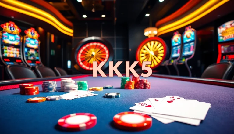 Players strategizing at a glamorous casino table featuring KK55-themed poker chips and cards.