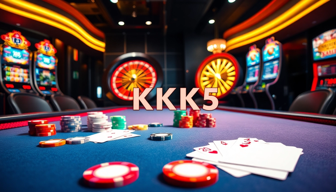 Players strategizing at a glamorous casino table featuring KK55-themed poker chips and cards.