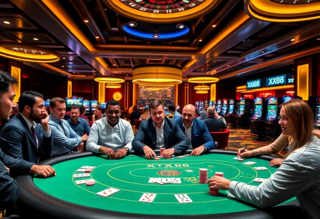 A dynamic casino scene at XX88 with players engaged in poker and roulette, showcasing excitement and strategy.