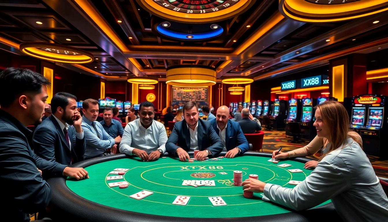 A dynamic casino scene at XX88 with players engaged in poker and roulette, showcasing excitement and strategy.