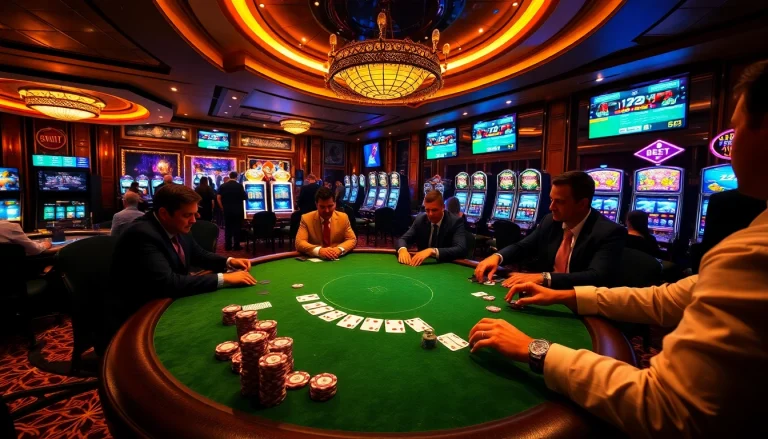 Engage in thrilling gambling at Z BET with luxury poker tables and vibrant slot machines.