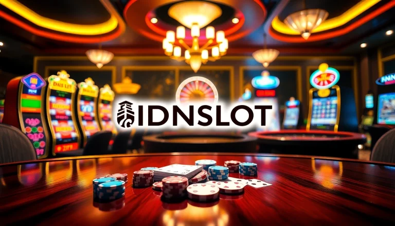 IDNSLOT online gambling interface showcasing vibrant slot machines, poker chips, and roulette wheel.
